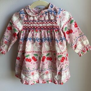 Baby Boden Pink Dress with Cherry and Bunny Print